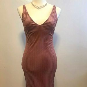 Mauve Ribbed Velvet Bodycon Dress V-NecklineSMALL